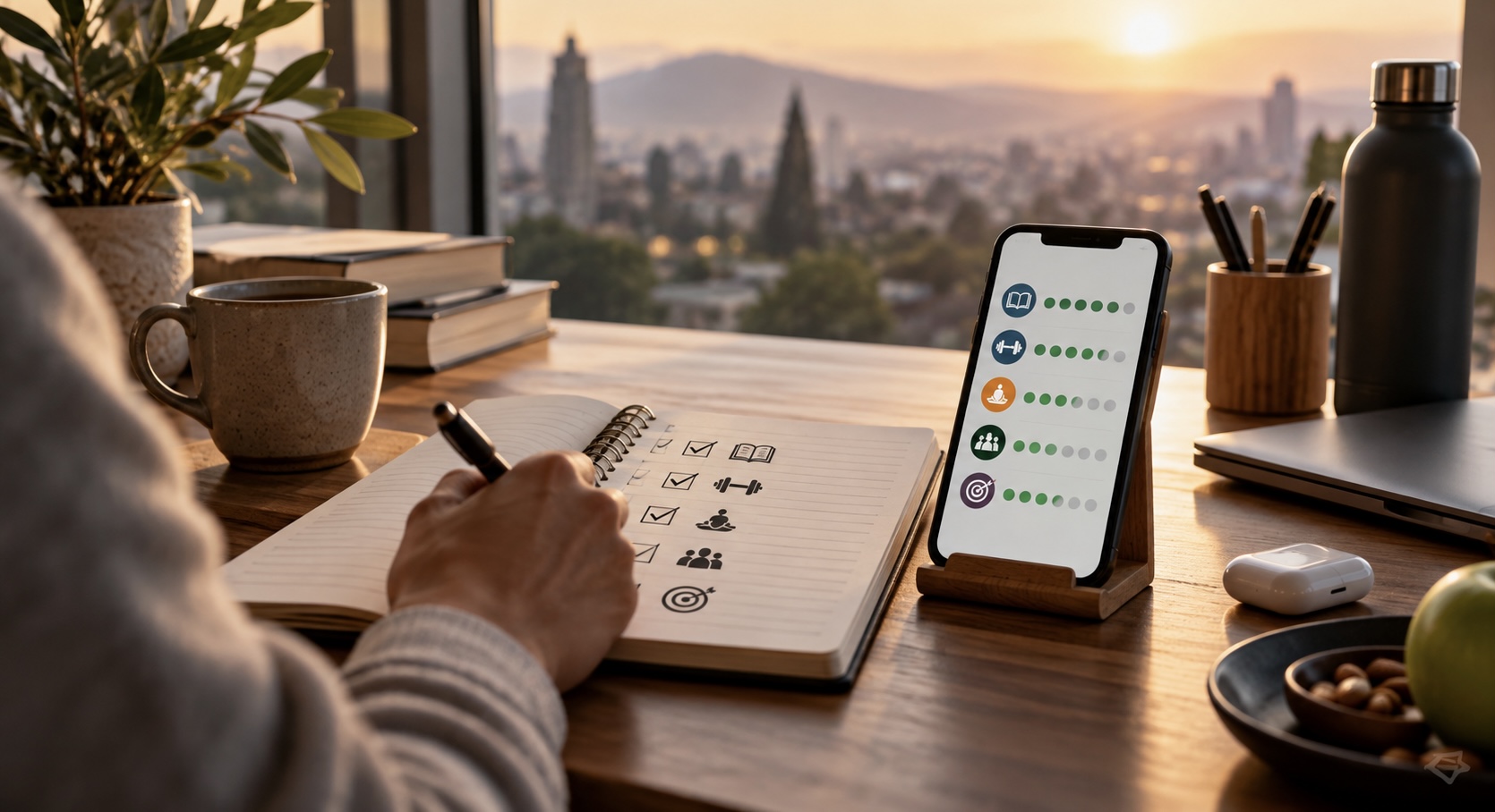 Planning daily habits and tracking progress with a notebook and smartphone