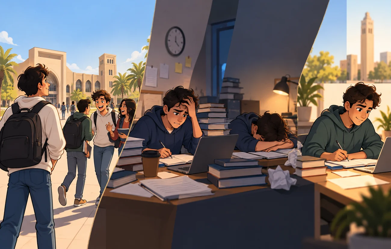 مشهد توضيحي لطالب في الحرم الجامعي ومكتب دراسة مليء بالكتب، يعكس دورة التغيير العاطفية في الجامعة والمدرسة