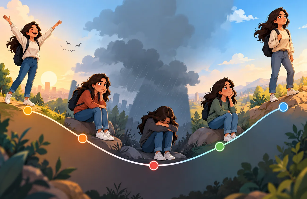 An illustrated journey showing a person moving through the emotional stages of change, from initial excitement through a difficult low point to renewed confidence