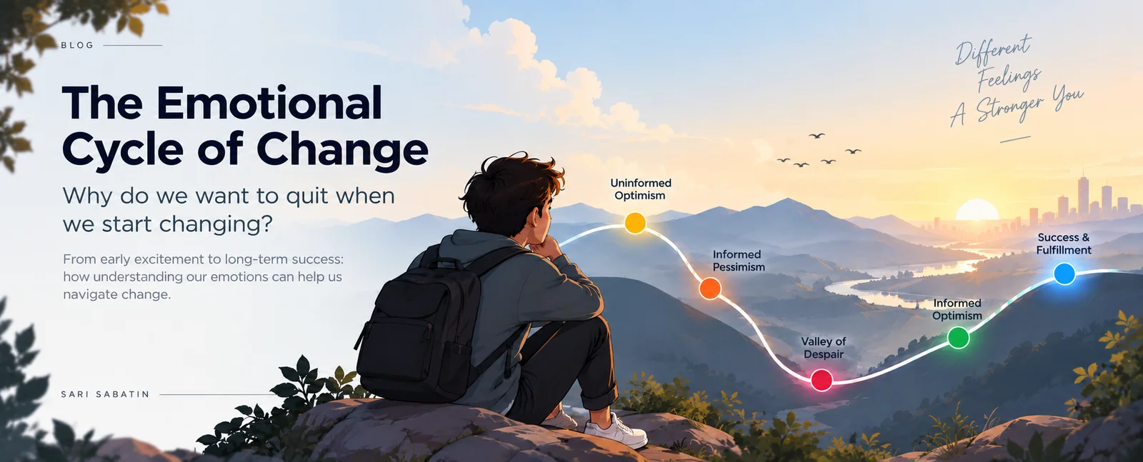 A visual interpretation of the Emotional Cycle of Change, showing its five stages from uninformed optimism through the valley of despair to success and fulfillment