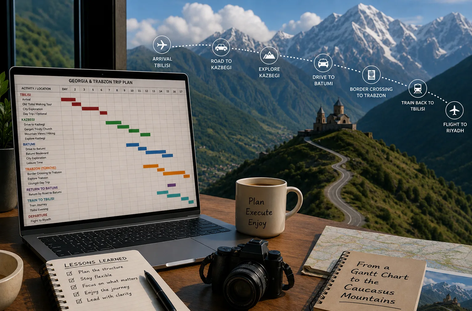خطة رحلة جورجيا وطربزون على شكل Gantt Chart، بجانب دفتر يحمل عنوان من الـ Gantt Chart إلى جبال القوقاز