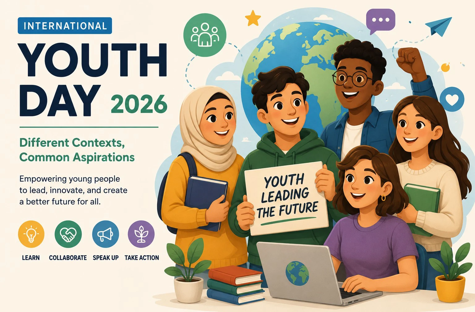 International Youth Day 2026 illustration, Different Contexts Common Aspirations, young people learning, collaborating, speaking up, and taking action