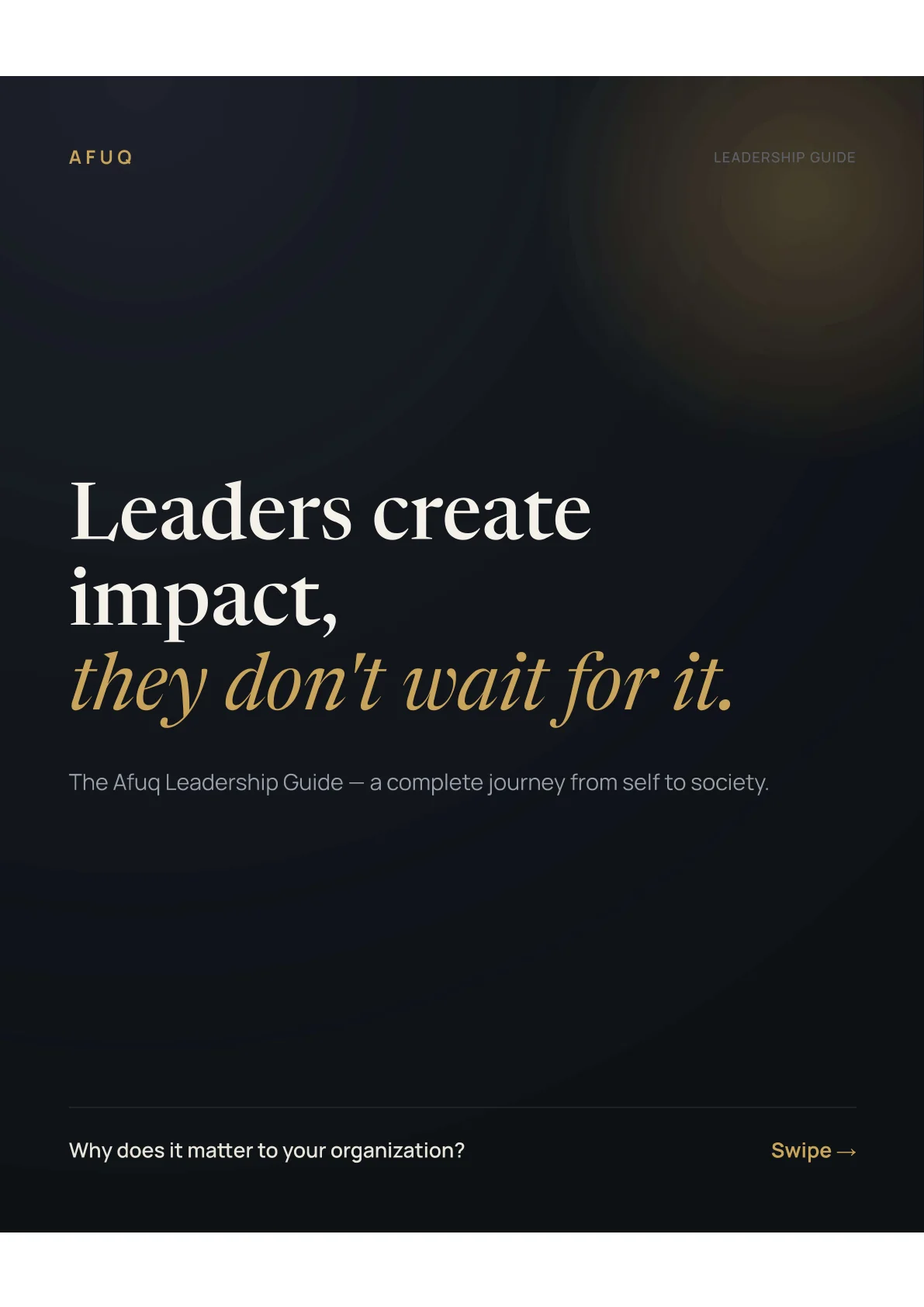 Afuq Leadership Guide cover, leaders create impact, they don't wait for it, a complete journey from self to society