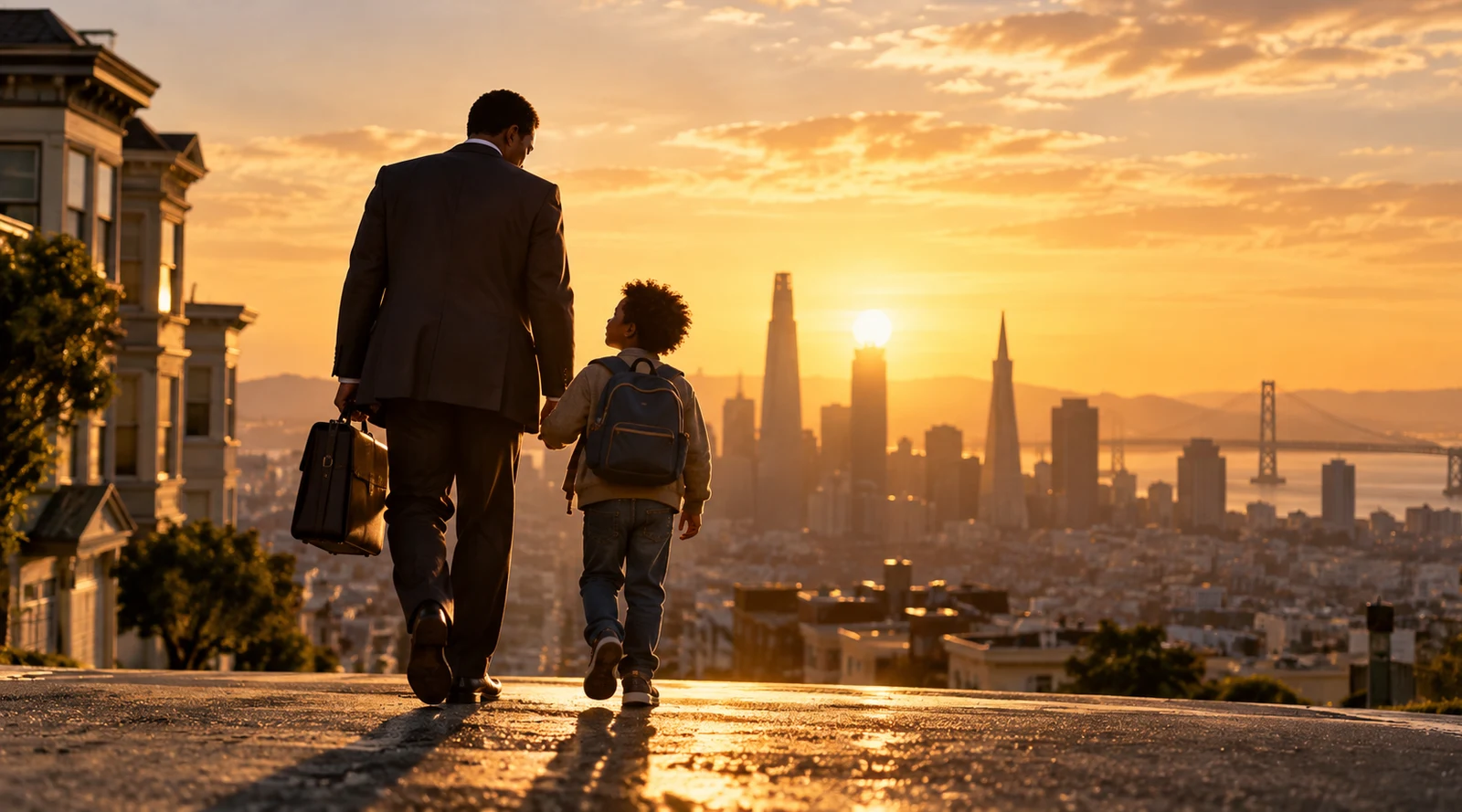 A father in a suit carrying a briefcase walks hand in hand with his son toward a city skyline at sunset, symbolizing the pursuit of a better future