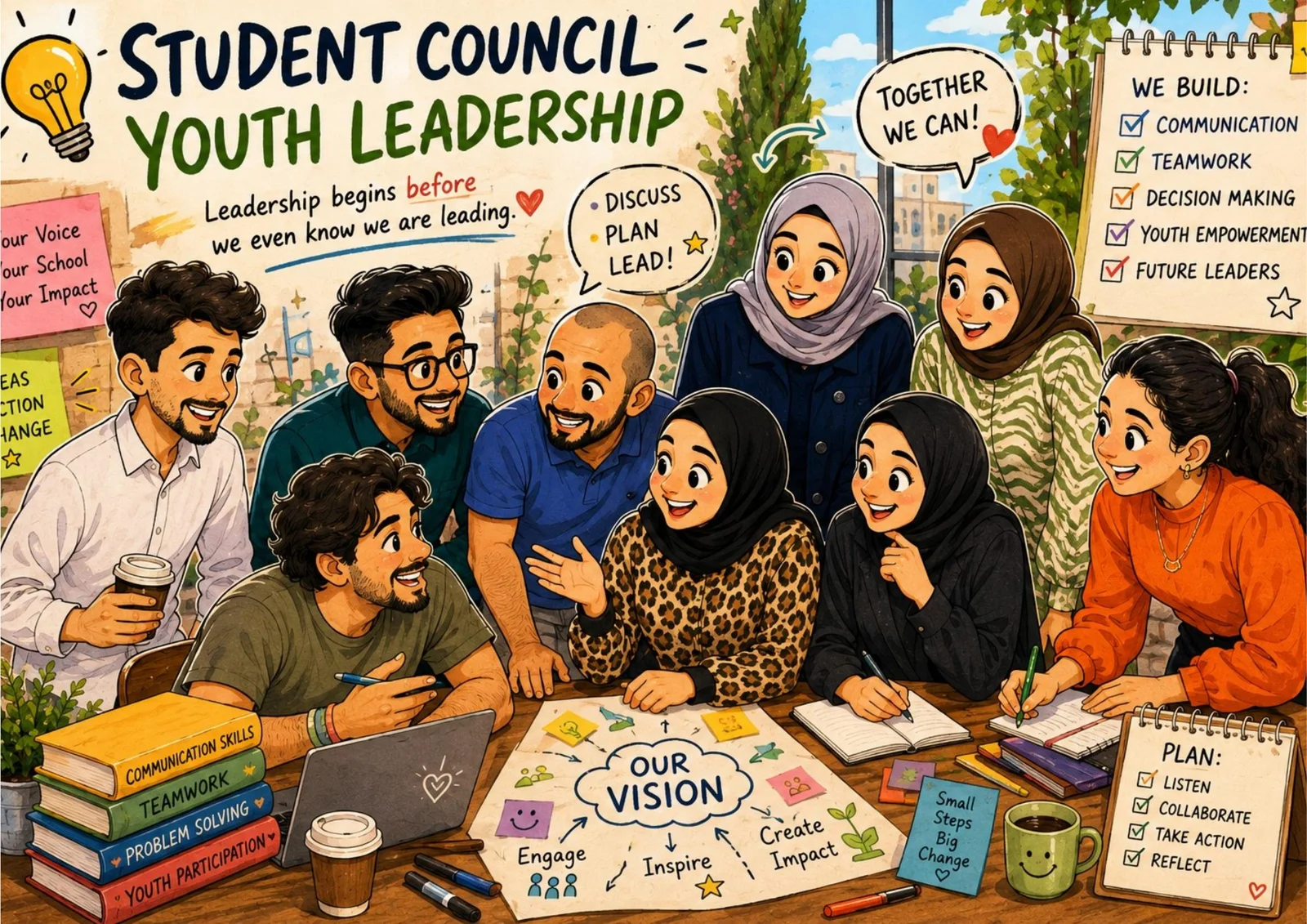 Illustration of a diverse group of students and mentors gathered around a table, discussing ideas and planning together for a student council project